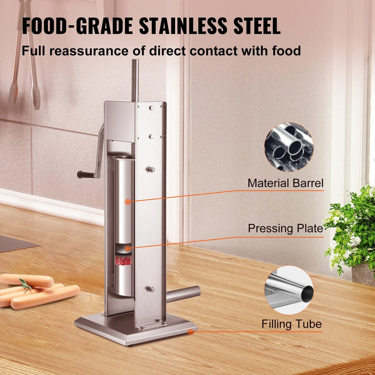 Manual Sausage Stuffer  3 5 7 L Stainless Steel Making Sausage Vertical Maker with 5 Filling Funnels for Home Commercia