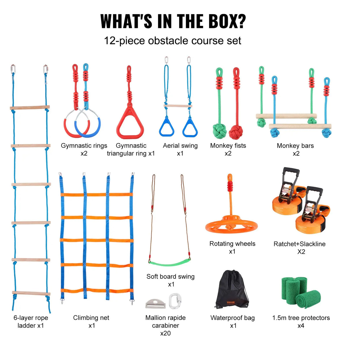 2x50/56/60/65FT Ninja Warrior Obstacle Course for Kids Weatherproof Slacklines 500lbs Weight Outdoor Playset Equipment