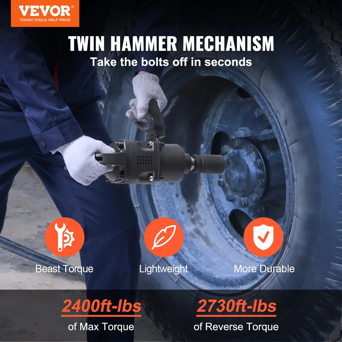 1 Inch Air Impact Wrench, Up to 2730 ft-lbs Reverse Torque Output 1" Pneumatic Impact Gun Lightweight w/ 2 Handles