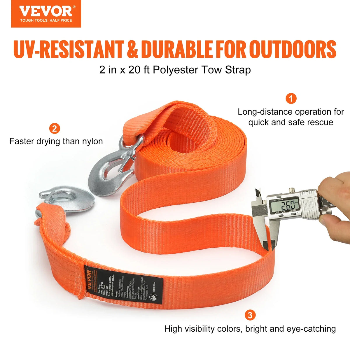 2"x20' ATV Tow Strap with Hooks 17000 lbs Capacity for  Vehicles Essential Towing Accessory for Roadside Assistance