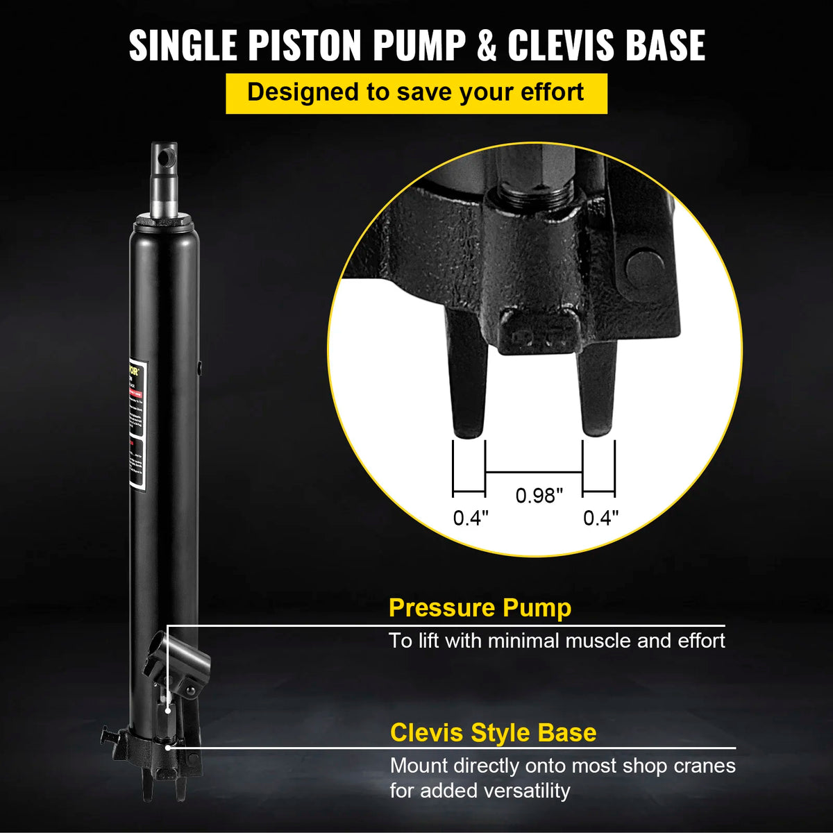 3/8/12Tons Capacity Hydraulic Long Ram Jack with Single Piston Pump and Clevis Base, for Garage Cranes, Engine Lift Hoist
