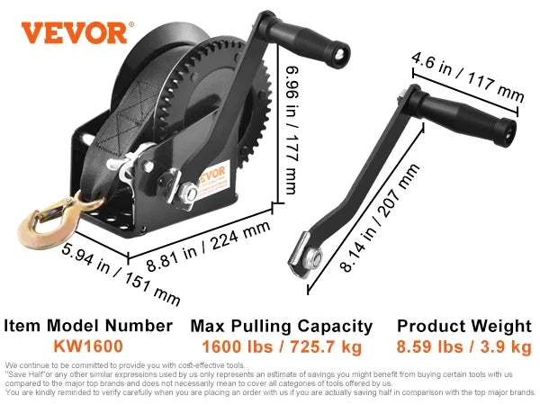 Hand Winch,Boat Trailer Winch Heavy Duty Rope Crank w/ 23ft Polyester Strap & Two-Way Ratchet,Manual Operated Crank Winch