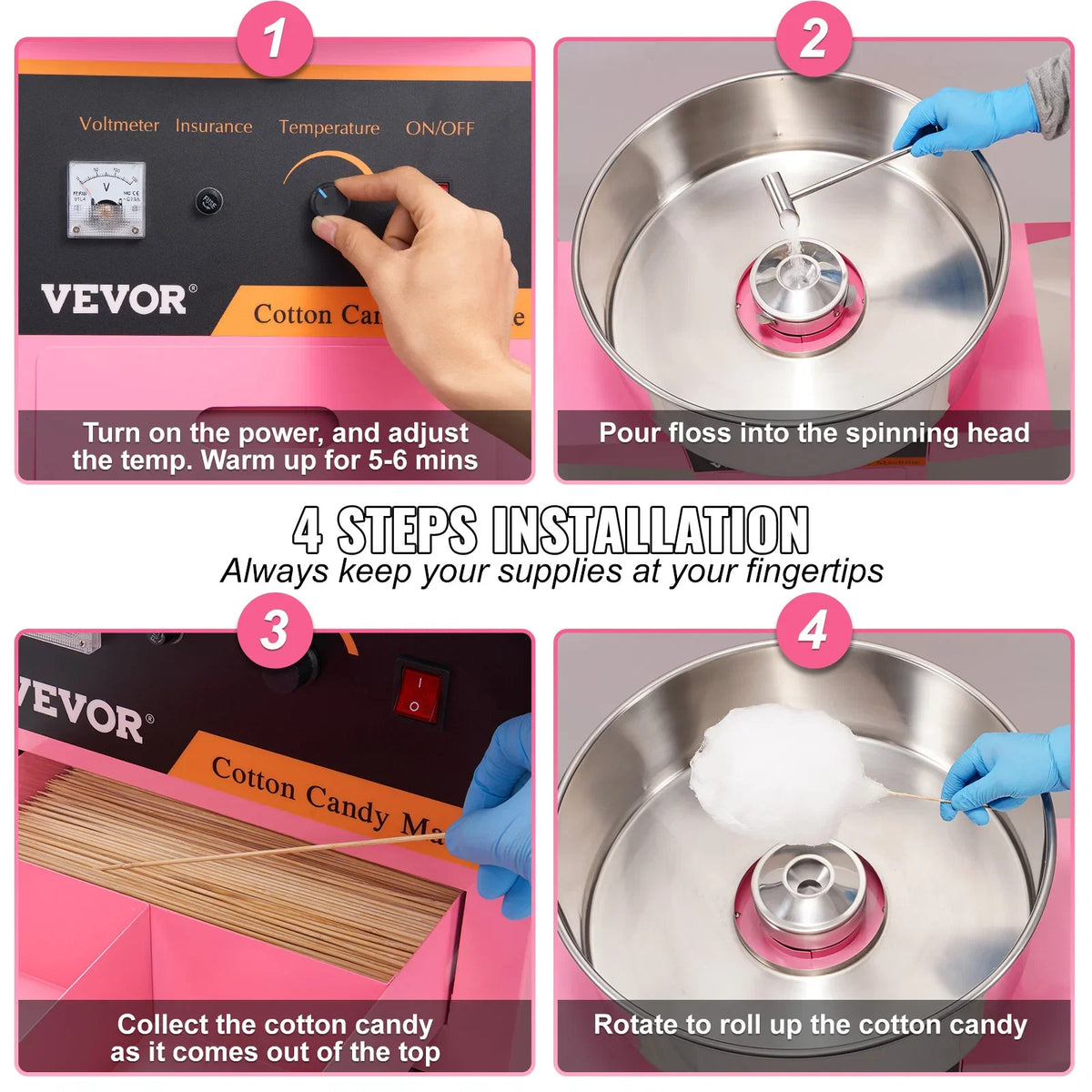 Electric Cotton Candy Machine with Cart 1000W Commercial Floss Maker w/Bowl Sugar Scoop Drawer for Home Birthday Party