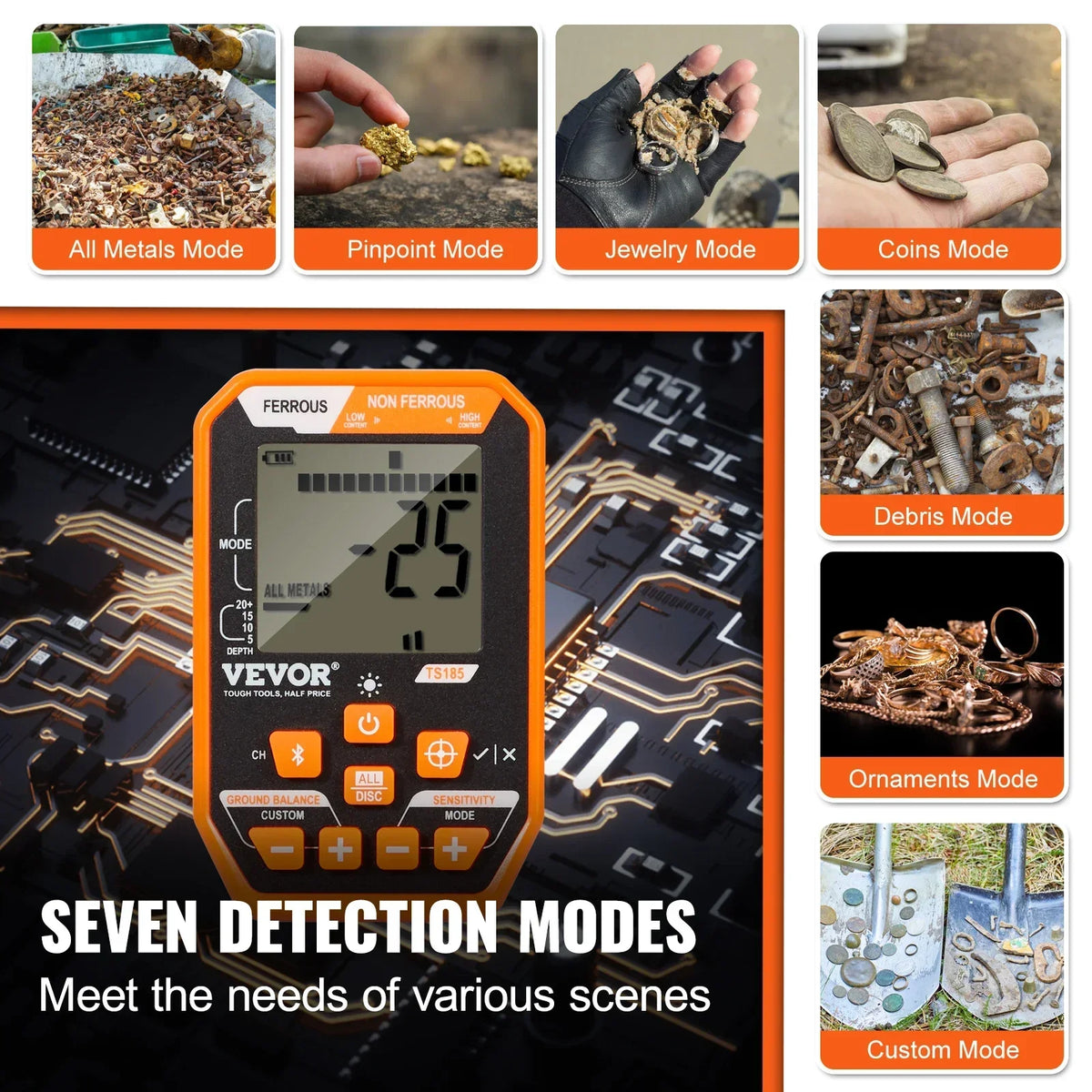Professional Rechargeable Metal Detector 12" IP68 Waterproof Coil 39-50 in Adjustable with LCD 7Modes for Treasure Hunting