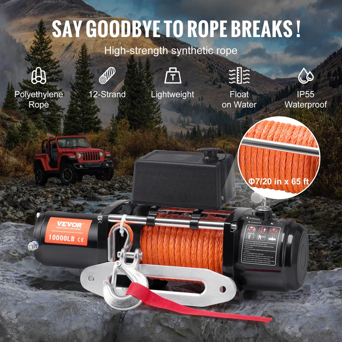 10,000 lb 12V DC Electric Winch with Wired Remote Control, IP55 Waterproof for Towing Off-Road SUV Jeep Trailer Boat