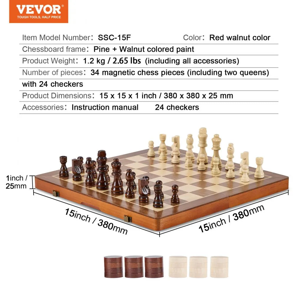 Magnetic Wooden Chess Set,2-IN-1 Chess Checkers Game Set,Folding Chess Board Games for Adults Kids,Chess Set for Beginner