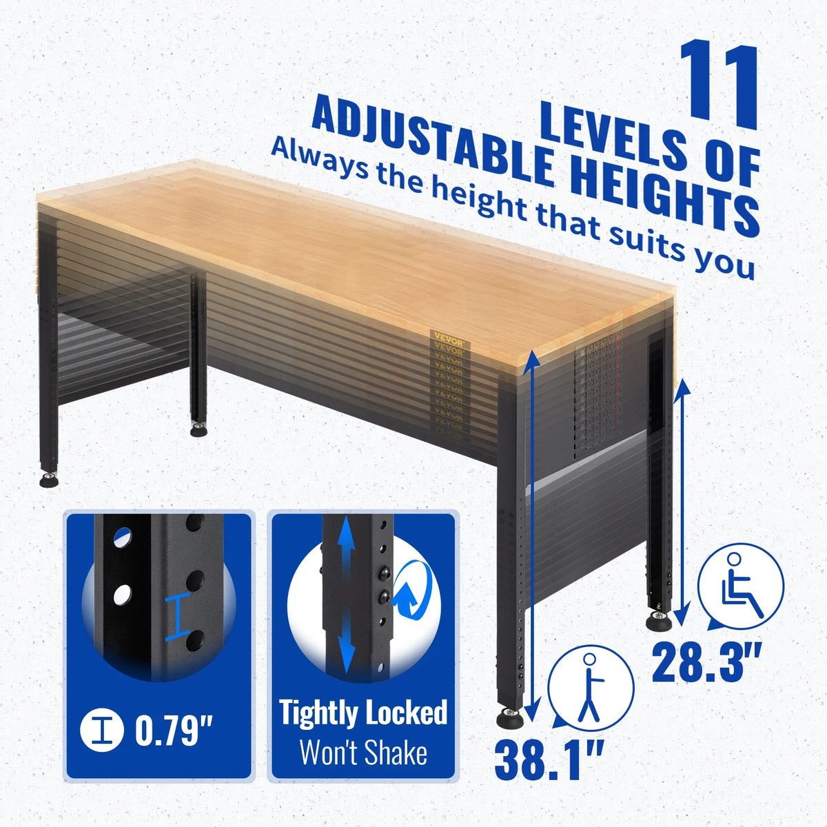 72cm Woodworking Workbench Adjustable Height Oak Wood Hardwood Top Work Table 900KG Load Capacity for Office Home Workshop