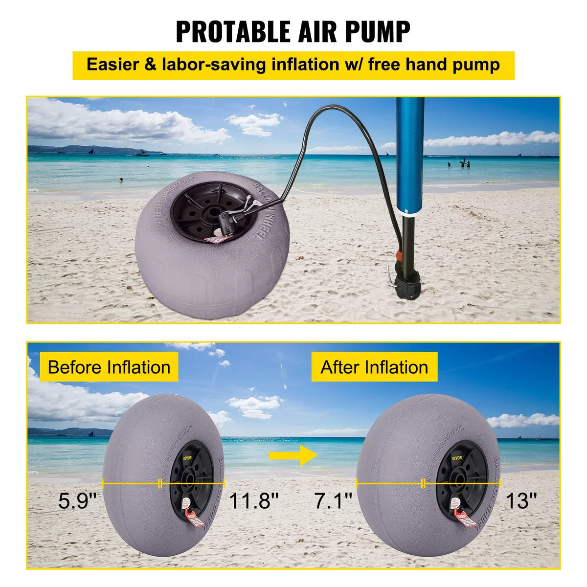 Beach Balloon Wheels 13" Replacement Sand Tires TPU Cart Tires for Kayak Dolly Canoe Cart and Buggy with Free Air Pump