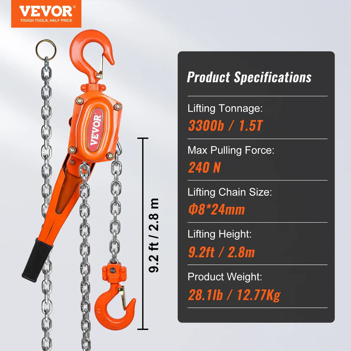 Manual Lever Chain Hoist 0.75/1.5/3/6Ton 10/20 FT Come Along G80 Galvanized Carbon Steel Auto Chain Leading for Garage