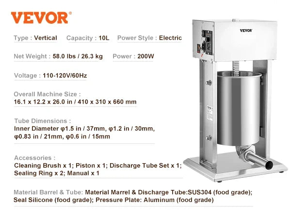 10L 15L Electric Stuffer,Vertical Sausage Stuffer w/Speed Stepless,304 Stainless Steel Sausage Machine w/4 Stuffing Tubes