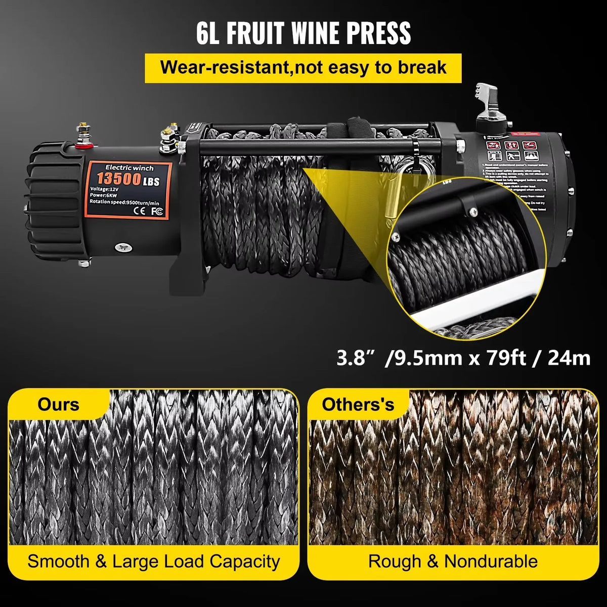 13500LBS Electric Winch 12V 27M/92FT Synthetic Rope  Lifting Treuils Hoist for 4X4 Car Trailer ATV Truck Off Road Boat