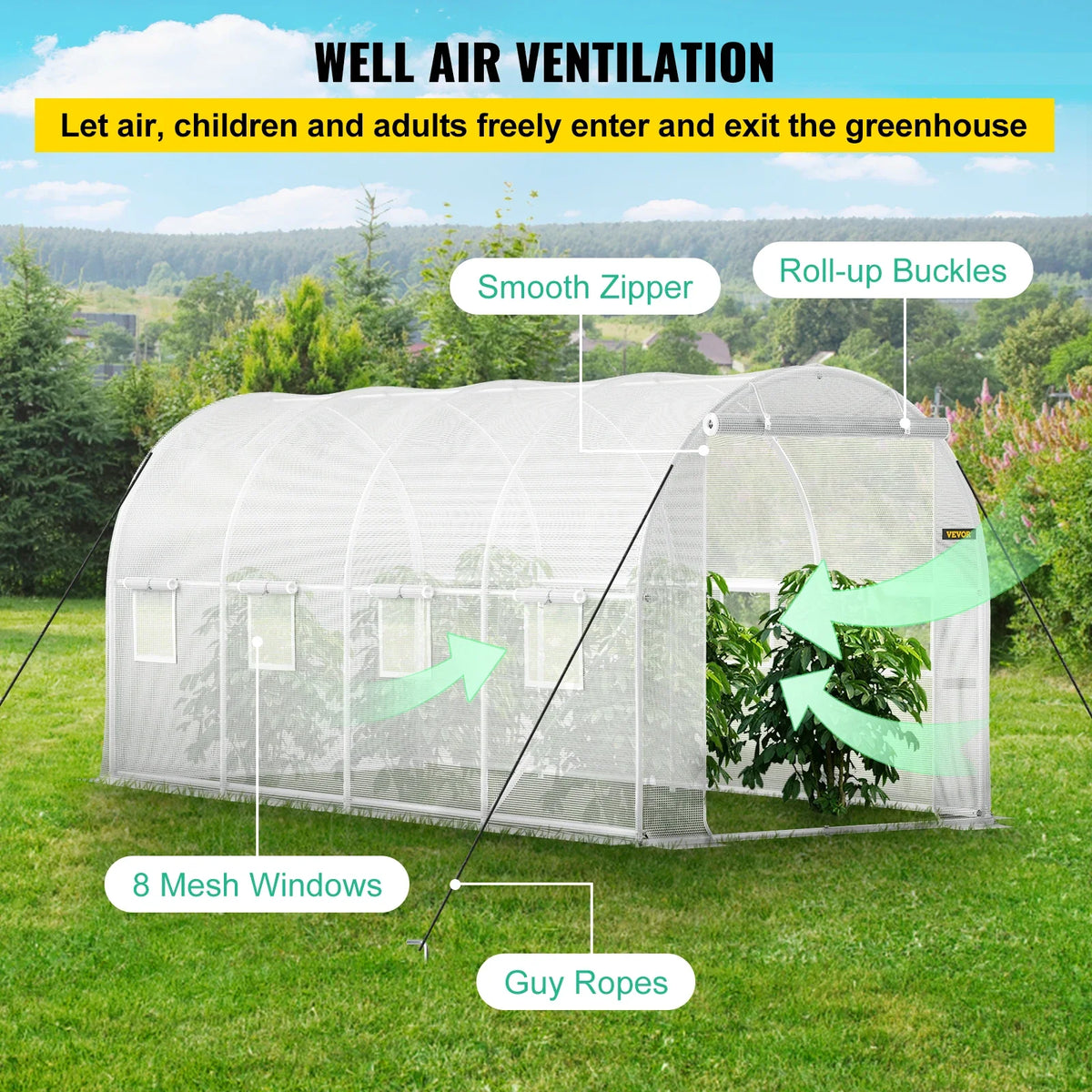 Walk-in Tunnel Greenhouse, 15 x 6.5 x 7 ft Portable Plant Hot House with Galvanized Steel Hoops, 1 Top Beam,Diagonal Poles