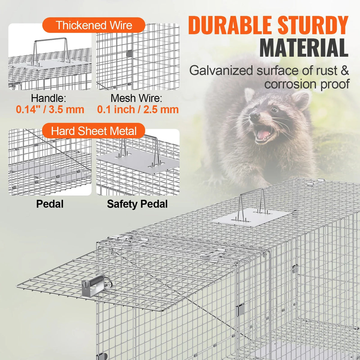 24/31/42/50in Live Animal Cage Trap Folding Humane Cat Trap Galvanized Iron with Handle for Rabbits Squirrels Groundhogs