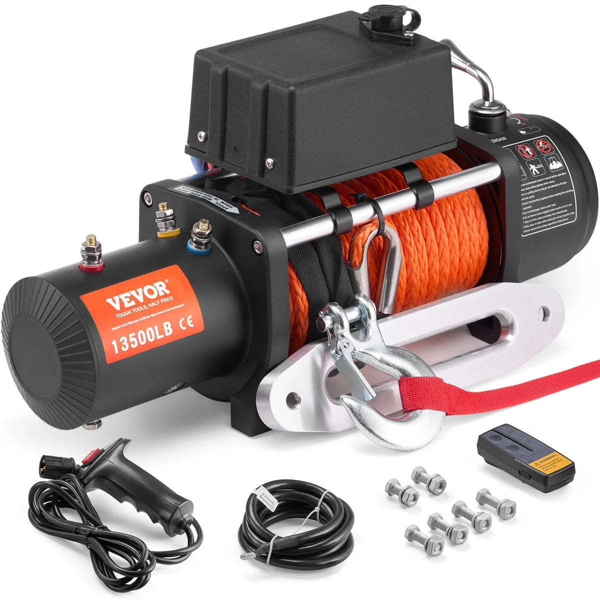 Electric Winch,13500 lb,12V DC Truck Winch w/Φ3/8inx80 ft Synthetic Rope Aluminum Fairlead Wireless & Wired Remote Control