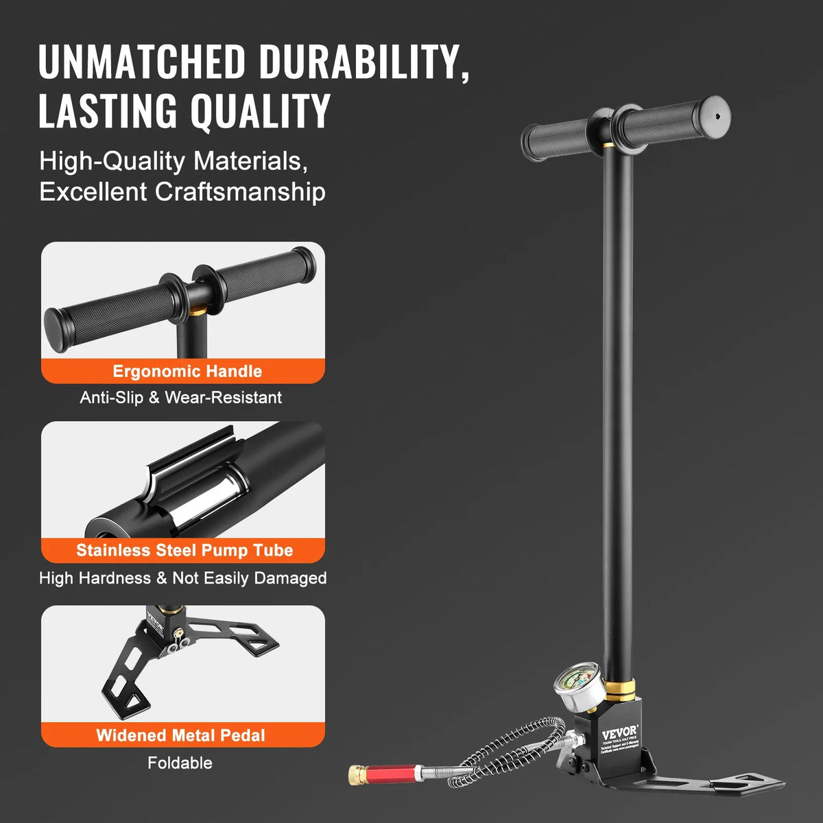 3 Stage PCP Pump 30MPa 4500PSI W/ Pressure Gauge Air Hand Stirrup Pump for Pistols, Rifles, Air Guns, Car Bicycle Hunting