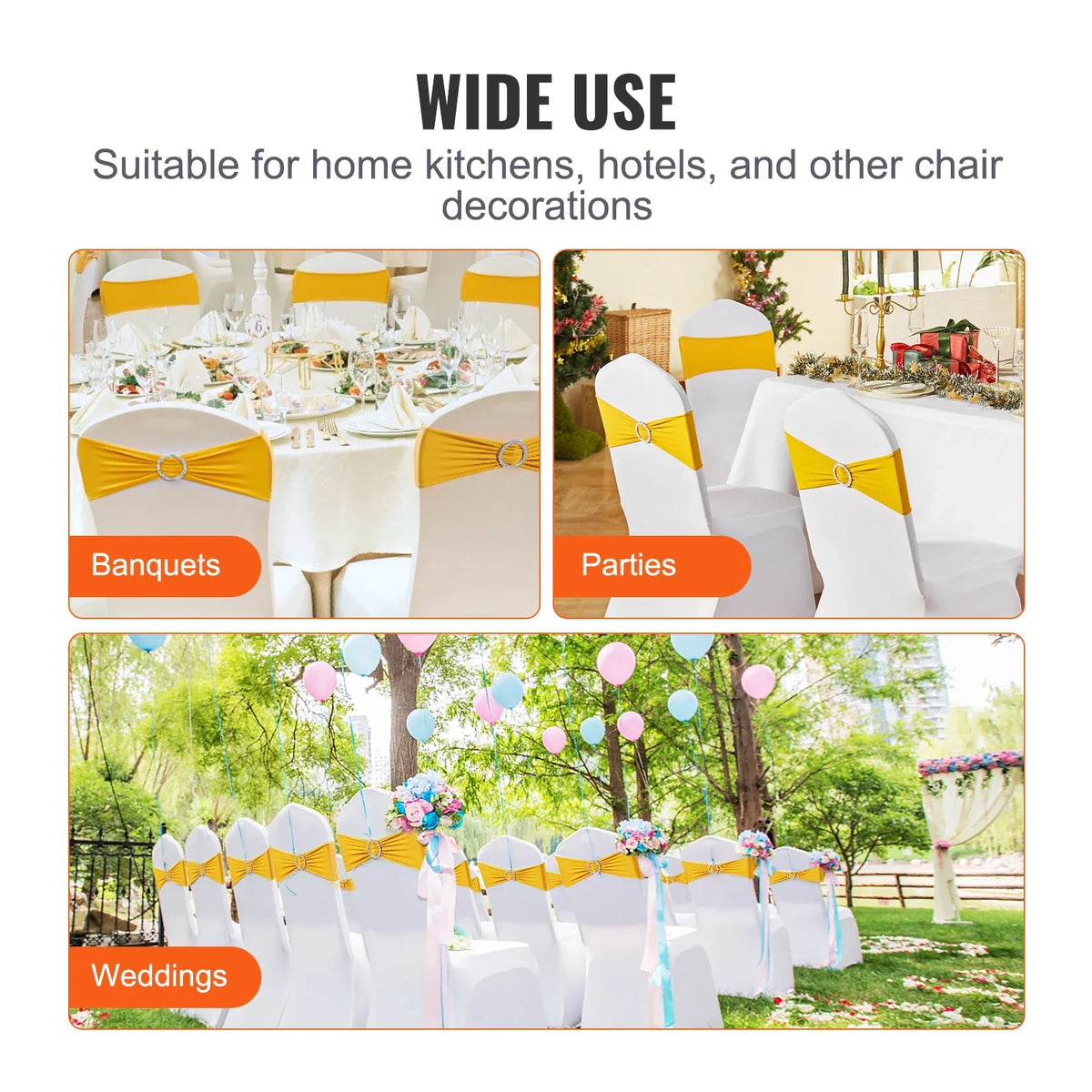 100pcs Stretch Spandex Chair Sashes Bows Stretch Chair Slipcover Sash Elastic Chair Bands for Wedding Holiday Decor