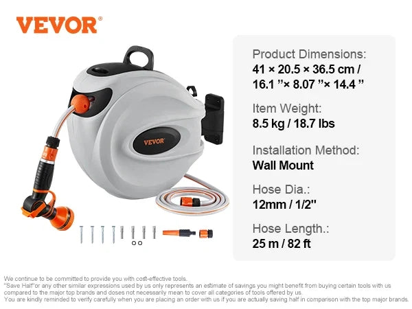 Retractable Hose Reel 82 feet x 1/2 inch 180° Swivel Bracket Wall-Mounted Garden Water Hose Reel with 9-Pattern Nozzle