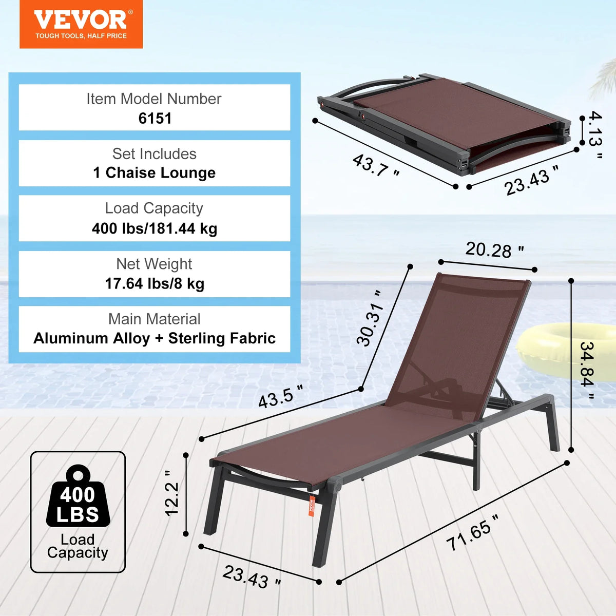 Chaise Lounge Chair Outdoor Aluminum Patio Lounge Chair 5-Position Adjustable Folding Pool Lounge Chair Recliner for Beach
