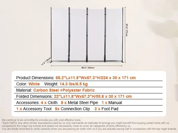 4/3/1 Panel Room Dividers Adjustable In Size & Height Freestanding & Foldable Privacy Screen Partition for Office Home
