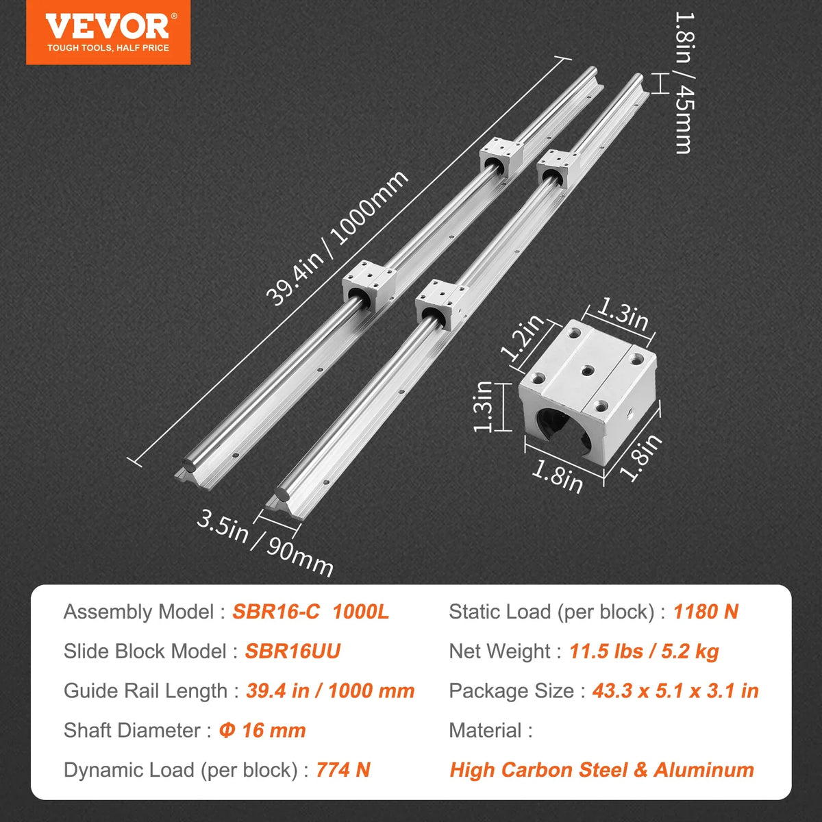 2PCS Linear Guide Rails SBR12 SBR16 SBR20 SBR25 800-2200mm & 4PCS UU Bearing Blocks Smooth Motion for DIY Mills CNC Parts