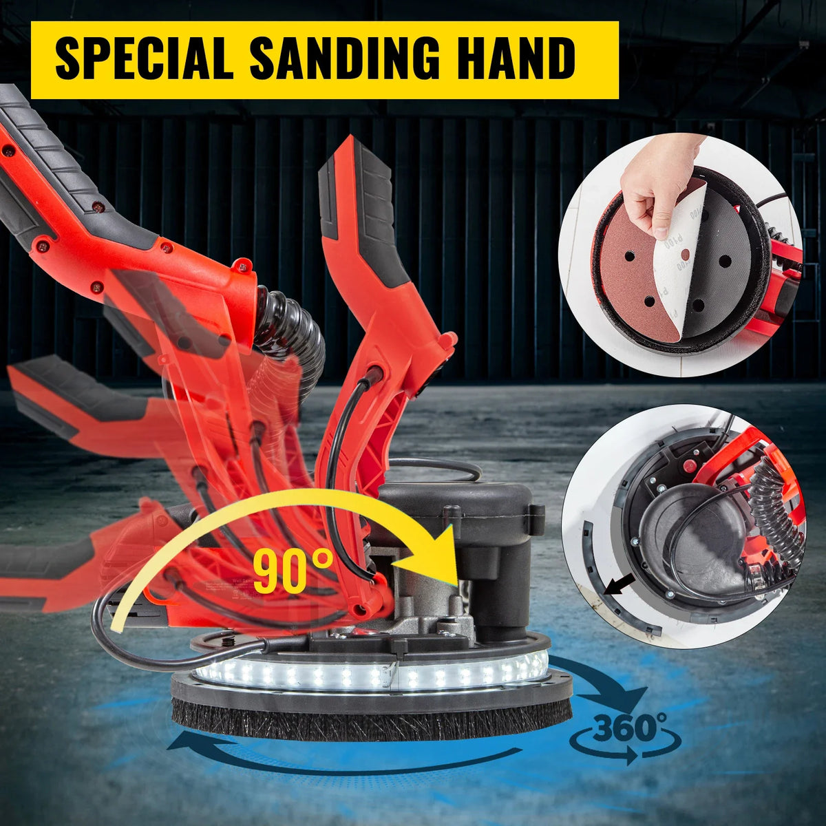 850W Electric Drywall Sander Variable Speed 800-1750RPM Foldable Sheetrock Sander with Telescope Handle Electric Sander