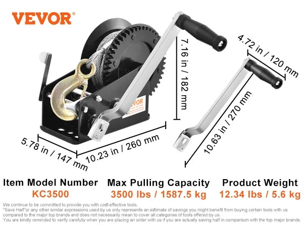 Hand Winch 800 lbs/3500 LBS Capacity Brake Winch W/ 33 ft Steel Rope Traction Hoisting Hand Winch for ATVs Boats Trailers