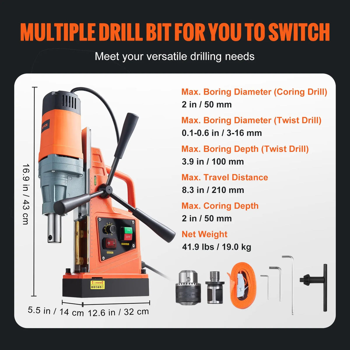 1550W Mag Drill, 2" Metal Boring 2922lbf Force, 0-500 RPM Portable Drill Press for Steel, Industrial & Home Workshop Use