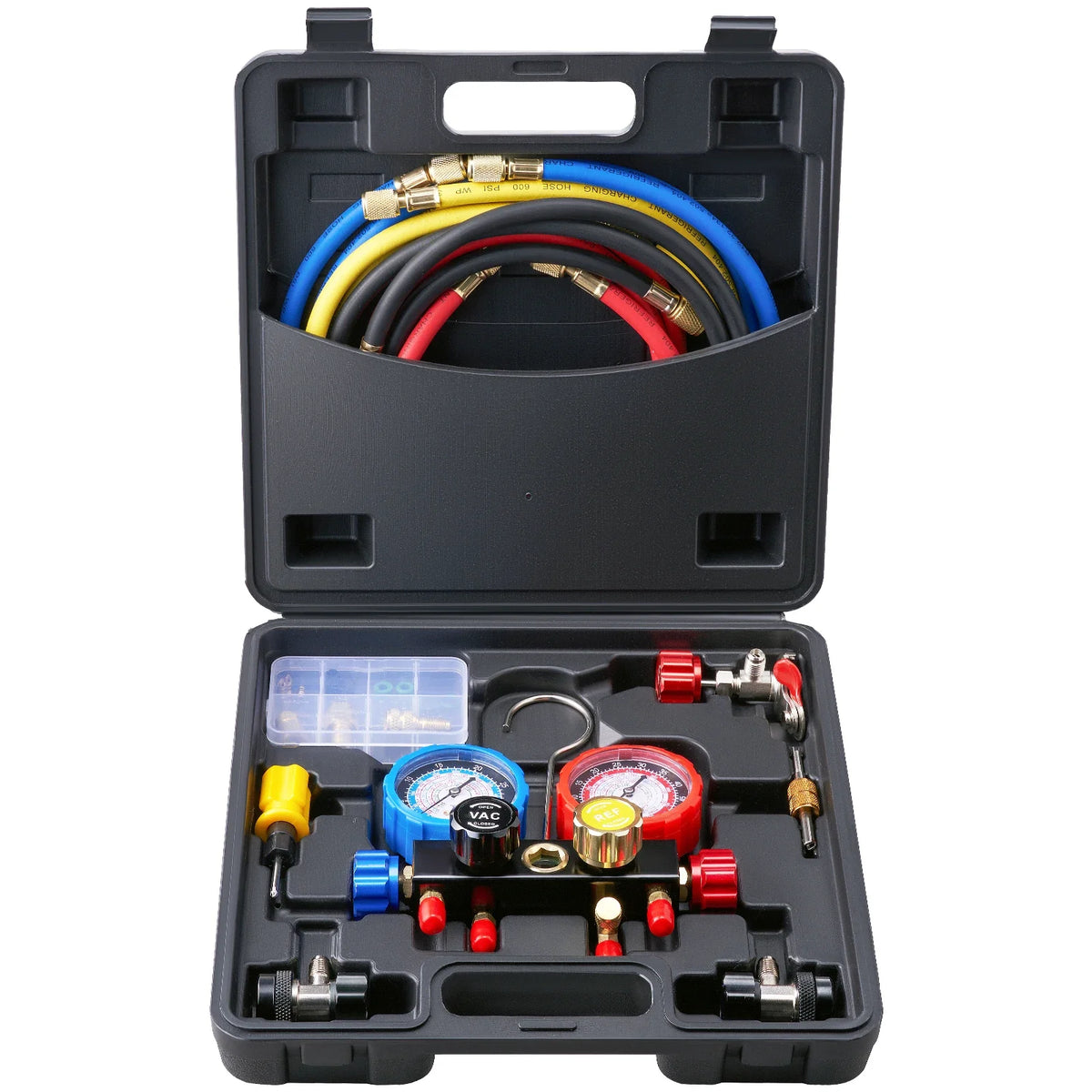 4 Way AC Gauge - AC Manifold Gauge Set for R134A R22 R12 R410A Refrigerant,Freon Gauges with 5ft Hoses, Couplers, Can Tap