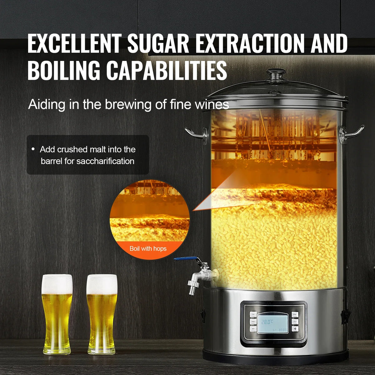 Electric Brewing System, 8GAL Brewing Stock Pot, All-in-One Home Beer Brewer, 304 Stainless Steel Brewing Supplies w/Panel