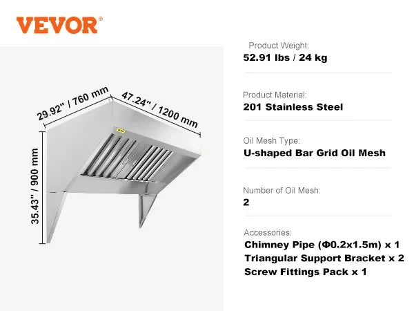 Commercial Exhaust Hood, 4FT Food Truck Hood Exhaust, 201 Stainless Steel Trailer Hood w/2 Detachable U-shaped Filter Mesh