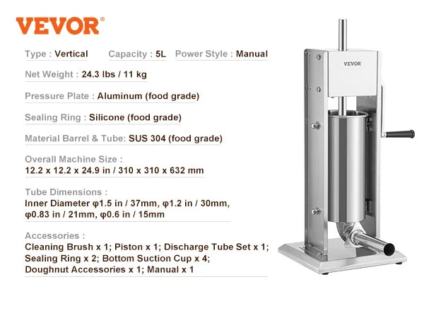 3 5 7 L Manual Sausage Stuffer Stainless Steel Making Sausage Vertical Maker with 4 Filling Funnels for Home Commercia Use