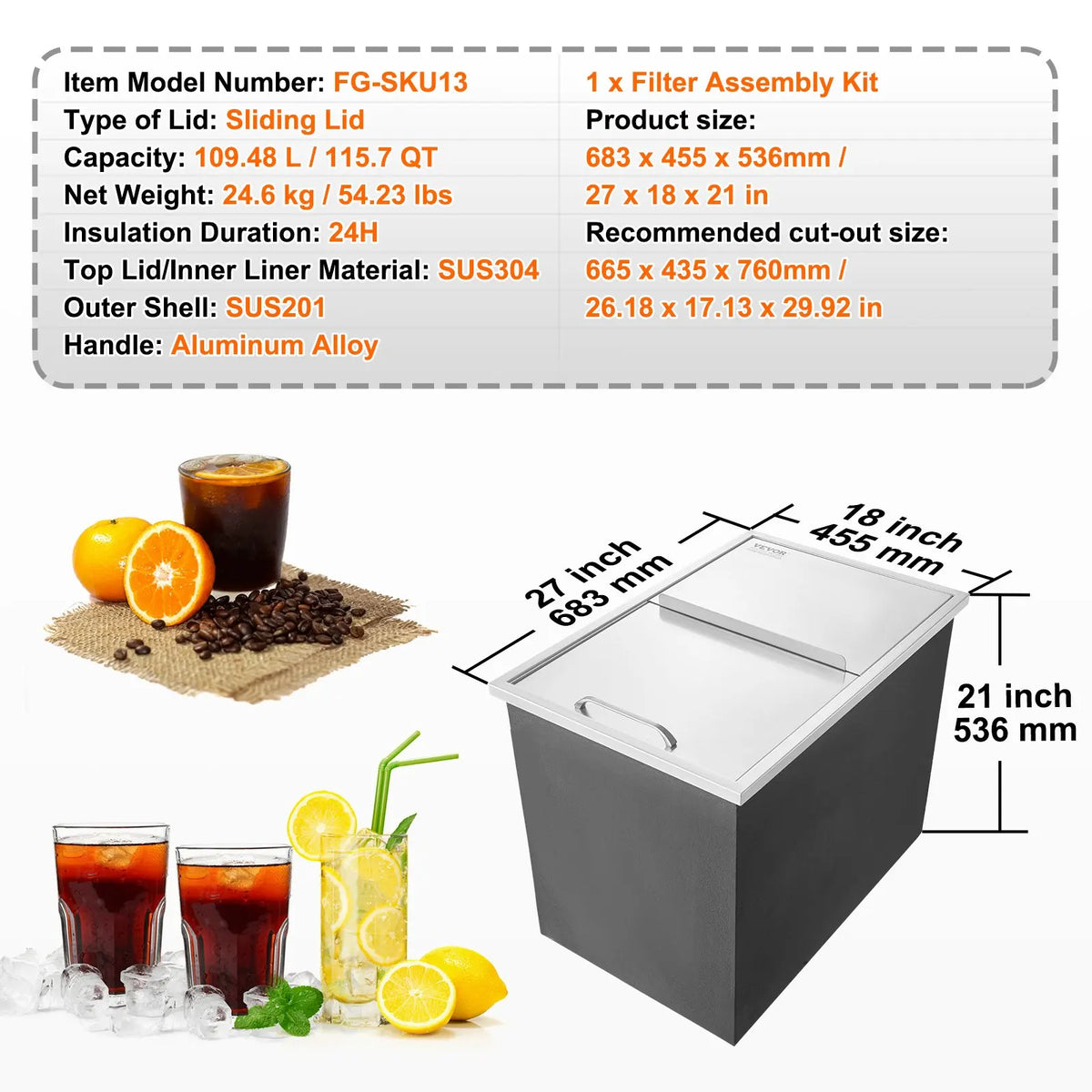 Drop in Ice Chest,Stainless Steel Ice Cooler,Ice Bin with Sliding Cover,40.9qt Outdoor Kitchen Ice Bar,for Cold Wine Beer
