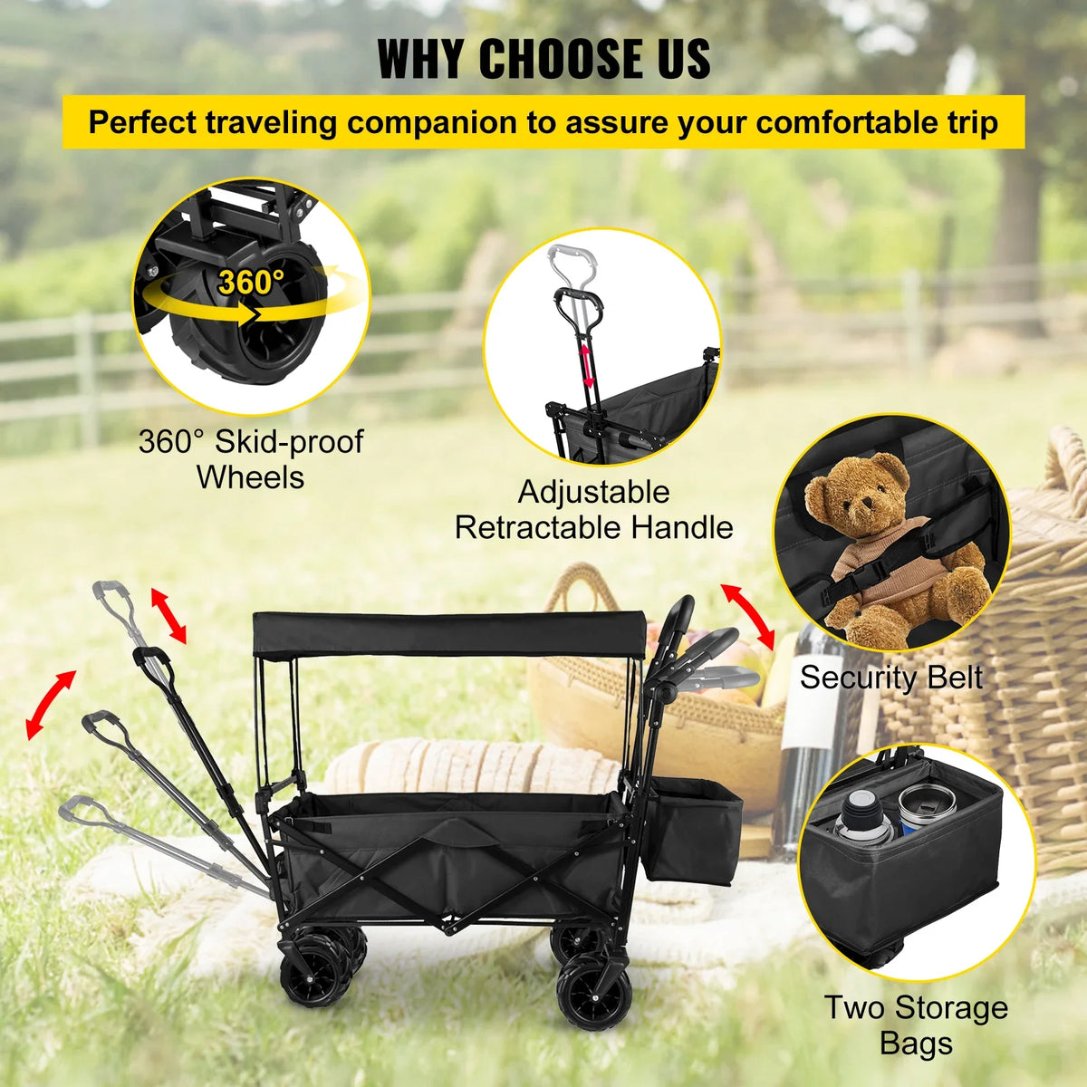 Extra Large Collapsible Garden Cart with Removable Canopy,  Wagon Cart for Garden, Camping, Grocery Cart, Shopping Cart