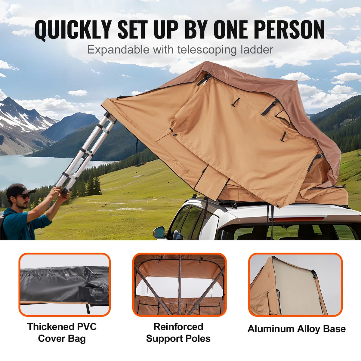 Folding Hard Shell Roof Top Tent with Telescopic Ladder Mattress PVC Cover Bag, Waterproof for Jeep SUV Van Pickup Truck