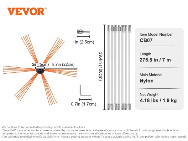 23/26/30/33/39ft Chimney Sweep Kit w/ Reinforced Nylon Flexible Rods Ergonomic Chimney Cleaning Brush 360-Degree Brush