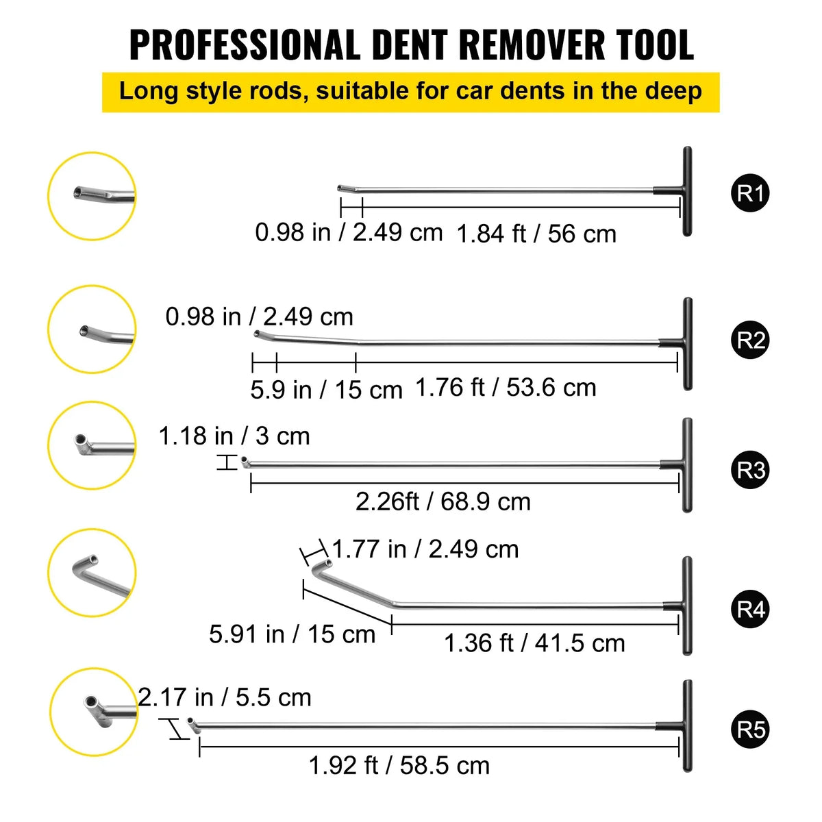 Rods Dent Removal Kit, 5 Pcs Stainless Steel Dent Rods, 8 Pcs Tapper Heads, for Minor Dents, Door Dings and Hail Damage