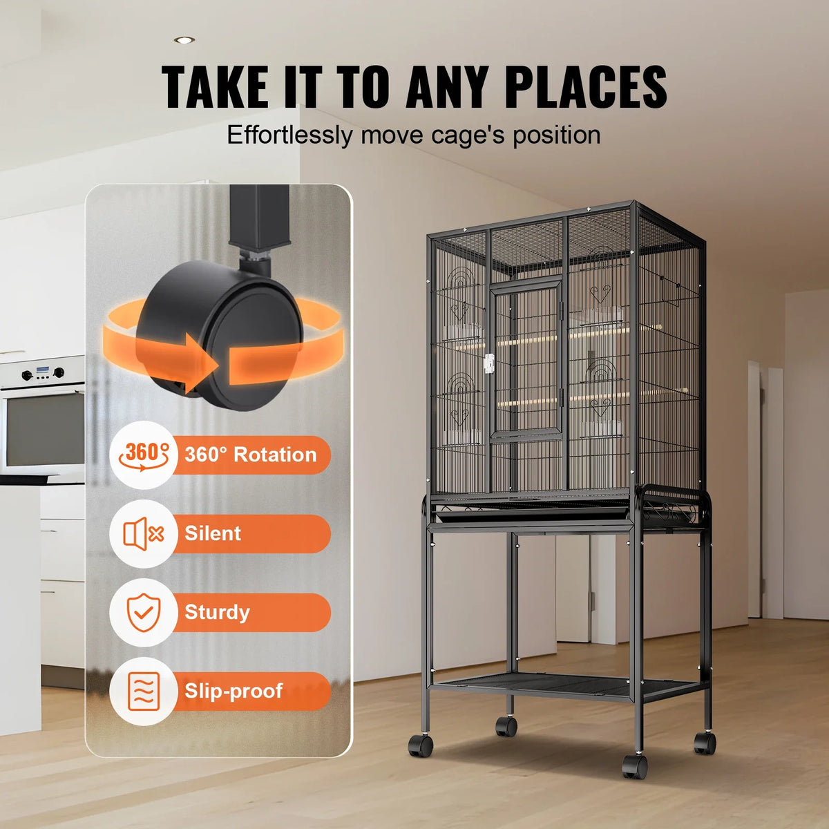 52/54inch Standing Large Bird Cage, Wrought Iron Flight Bird Cage for Cockatiels ,Parrots, Macaw w/Rolling Stand and Tray