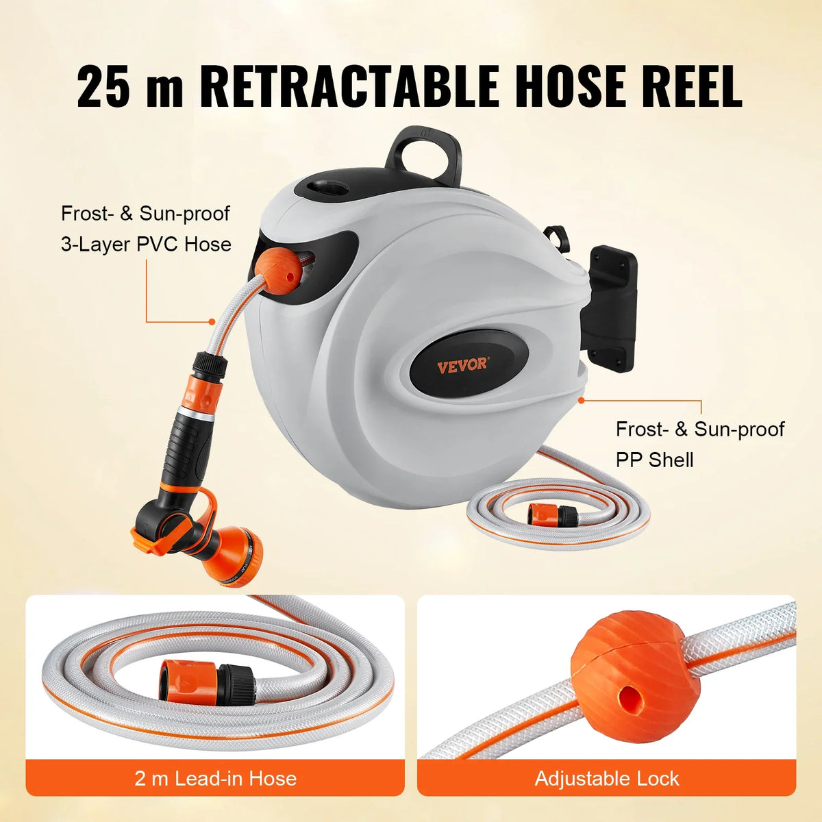 Retractable Hose Reel 82 feet x 1/2 inch 180° Swivel Bracket Wall-Mounted Garden Water Hose Reel with 9-Pattern Nozzle