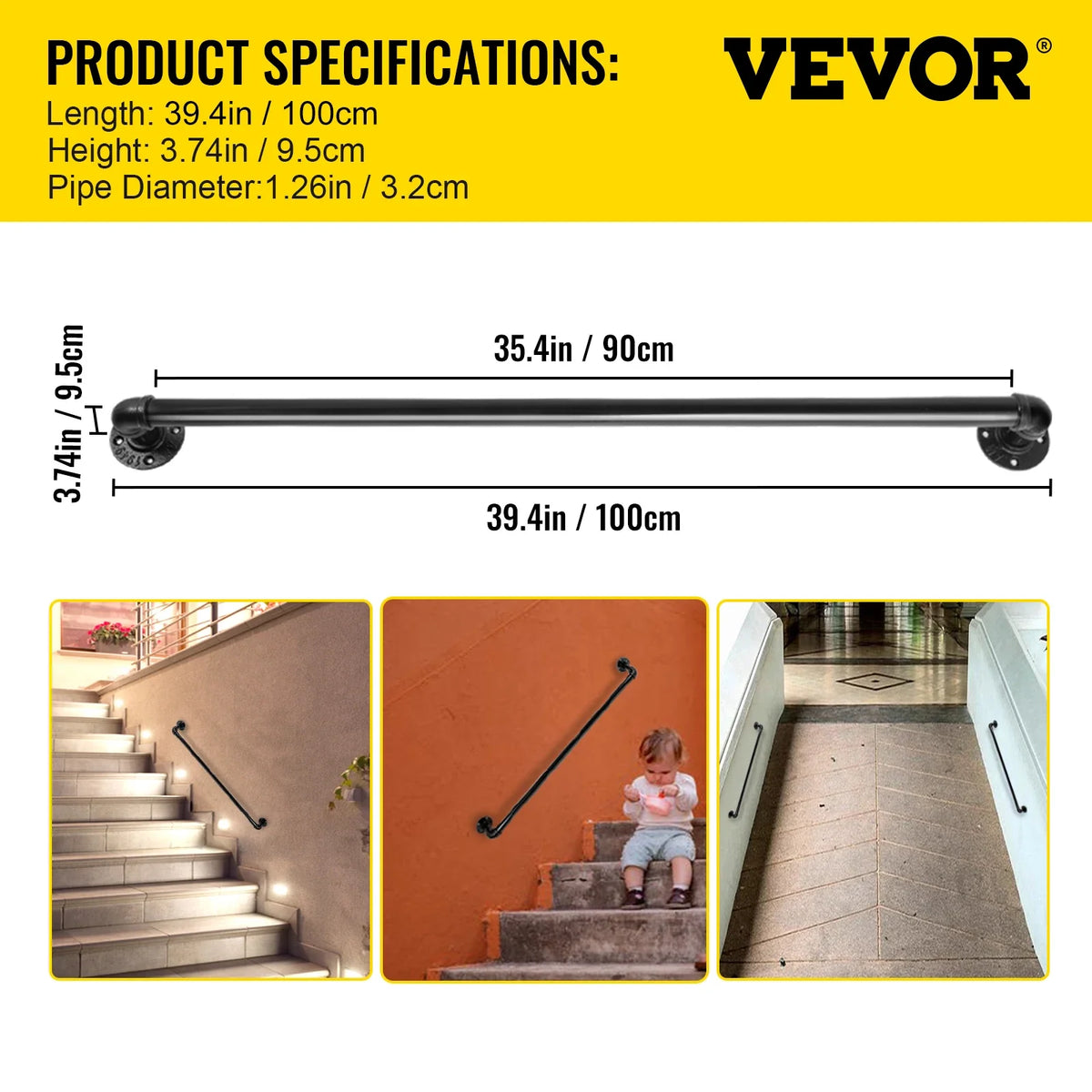 Stair Handrail Outdoor Safety Handrailings Loadable Staircase Hand Rail Stairway Straight Grab Support Round Corner Wall