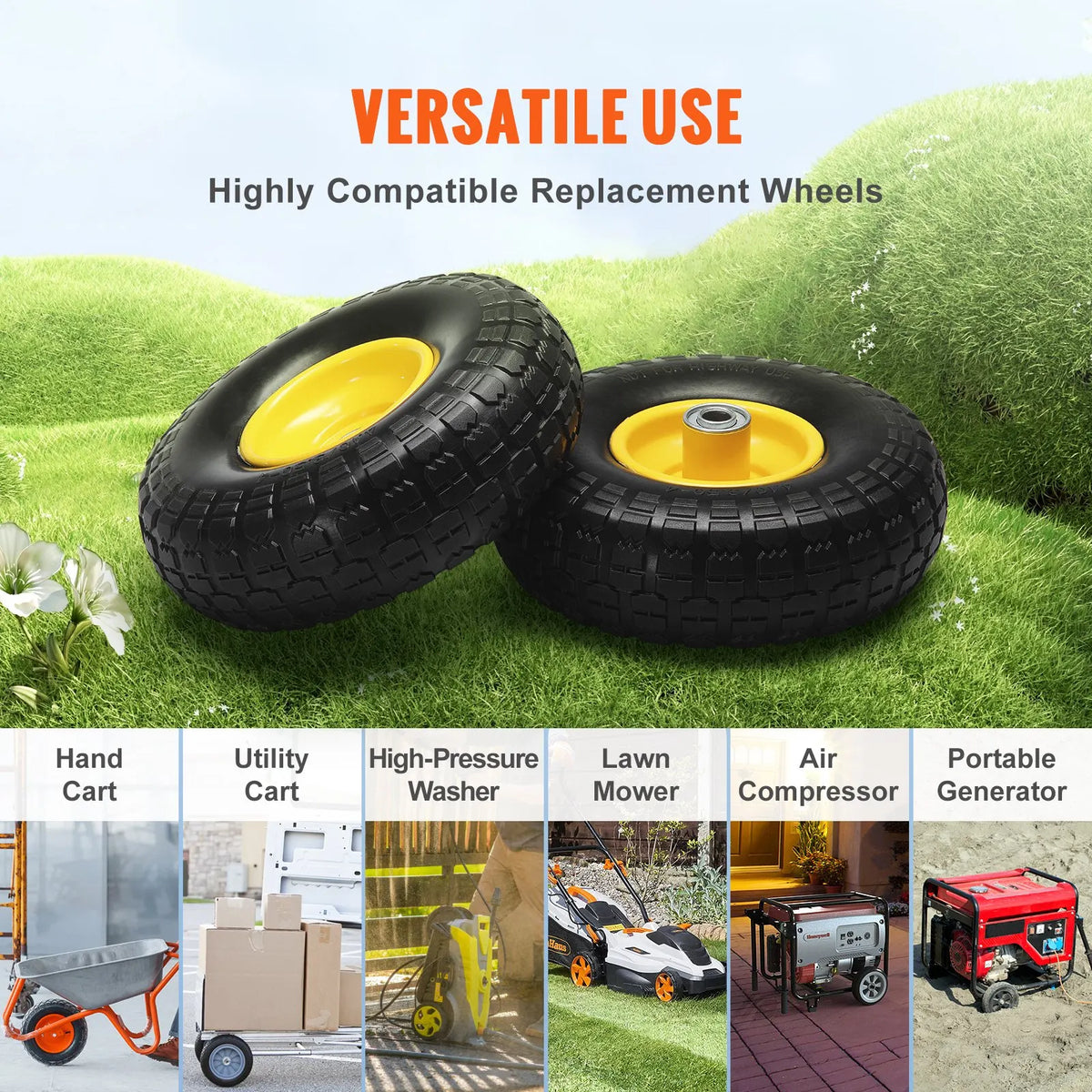 10" Solid PU Tire & Wheel Set (2-Pack),400 lbs Load, Flat-Free Tubeless for Hand Trucks, Carts, Dollies & Trailers