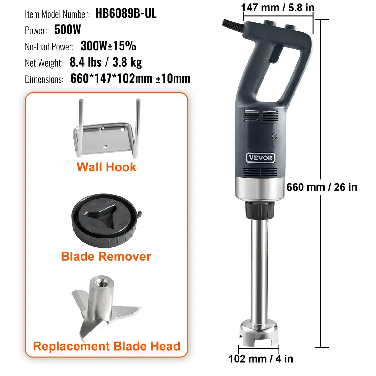 Commercial Immersion Blender 500W 12/20inch Heavy Duty Hand Mixer Kitchen Stick Mixer for Soup Smoothie Puree Baby Food
