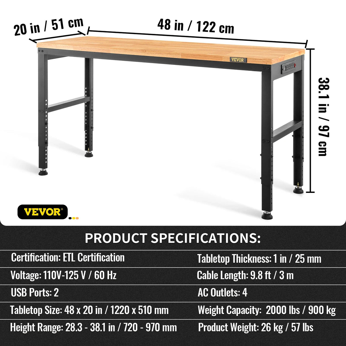 72cm Woodworking Workbench Adjustable Height Oak Wood Hardwood Top Work Table 900KG Load Capacity for Office Home Workshop