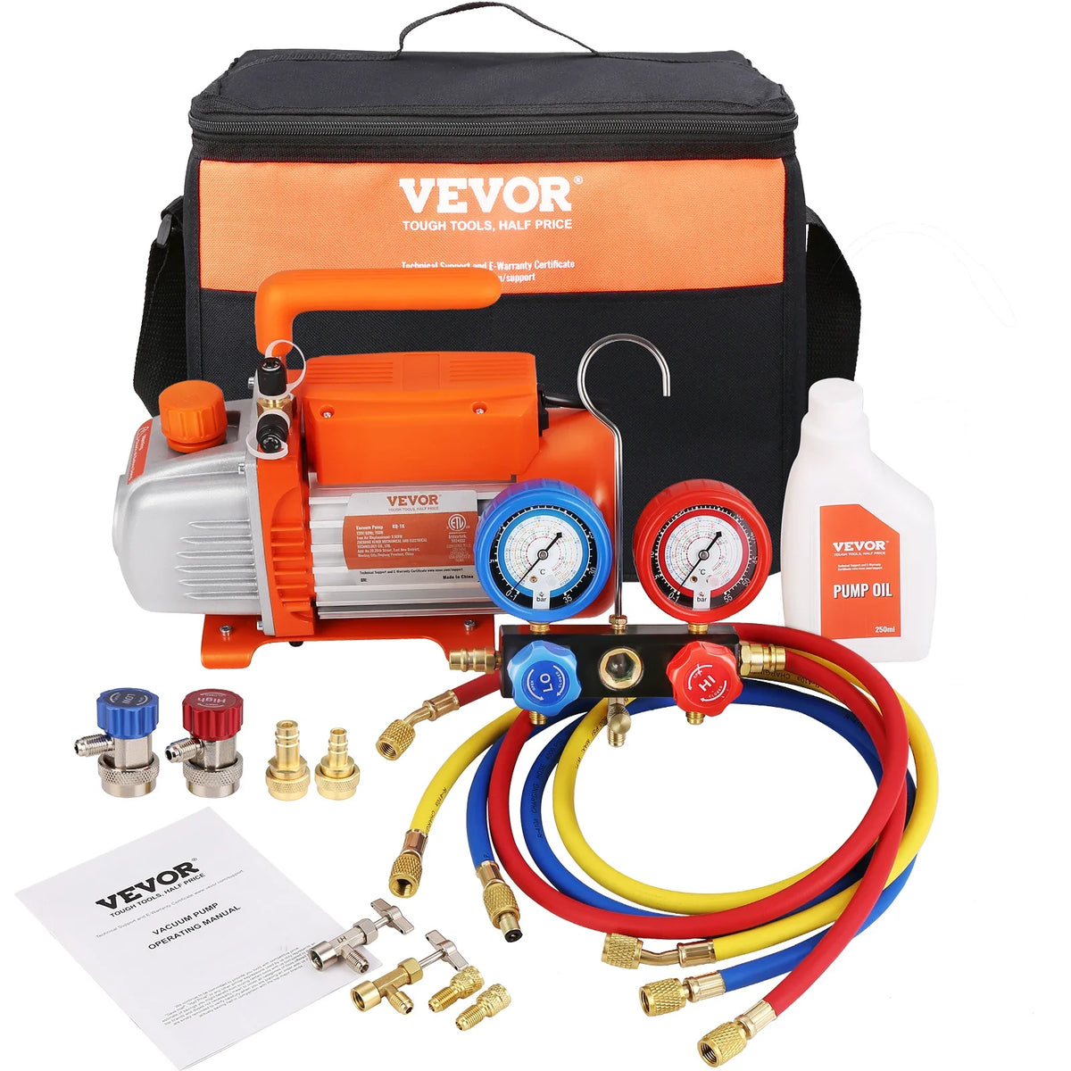 3.5/4CFM Single Stage Rotary Vane HVAC Air AC Vacuum Pump & A/C Refrigerant Kit Manifold Gauge Set for Air Conditioning
