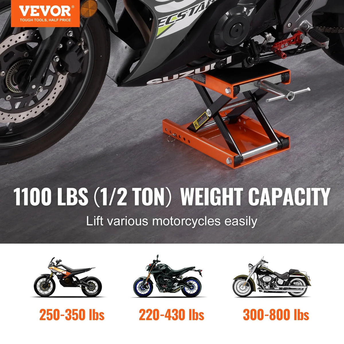 1100 LBS Motorcycle Scissor Lift Jack with Wide Deck & Safety Pin for Street Bikes Cruiser Bikes Touring Motorcycles