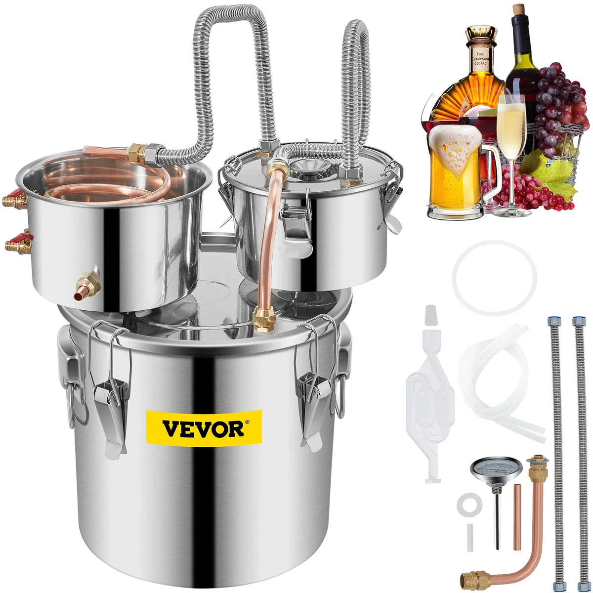 3Gal Alcohol Still, Stainless Steel Alcohol Distiller w/Copper Tube & Build-in Thermometer & Water Pump,Double Thumper Keg