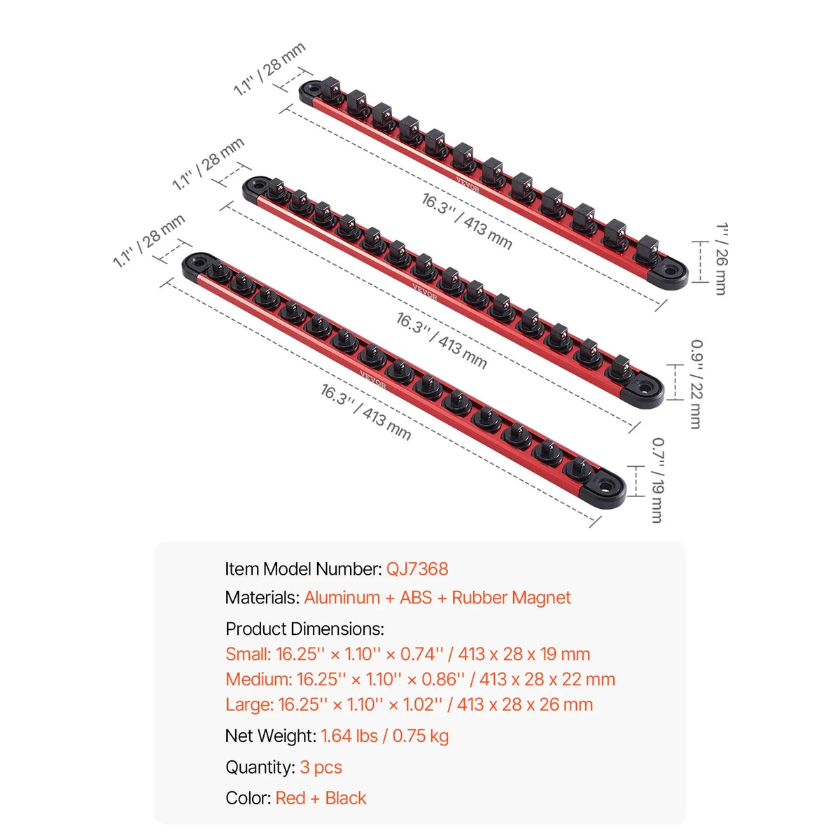 3PCS Magnetic Socket Organizer Rail Set Metric & SAE Aluminum Socket Holder 1/4'' 3/8'' 1/2'' with 360° Clips for Tool Box