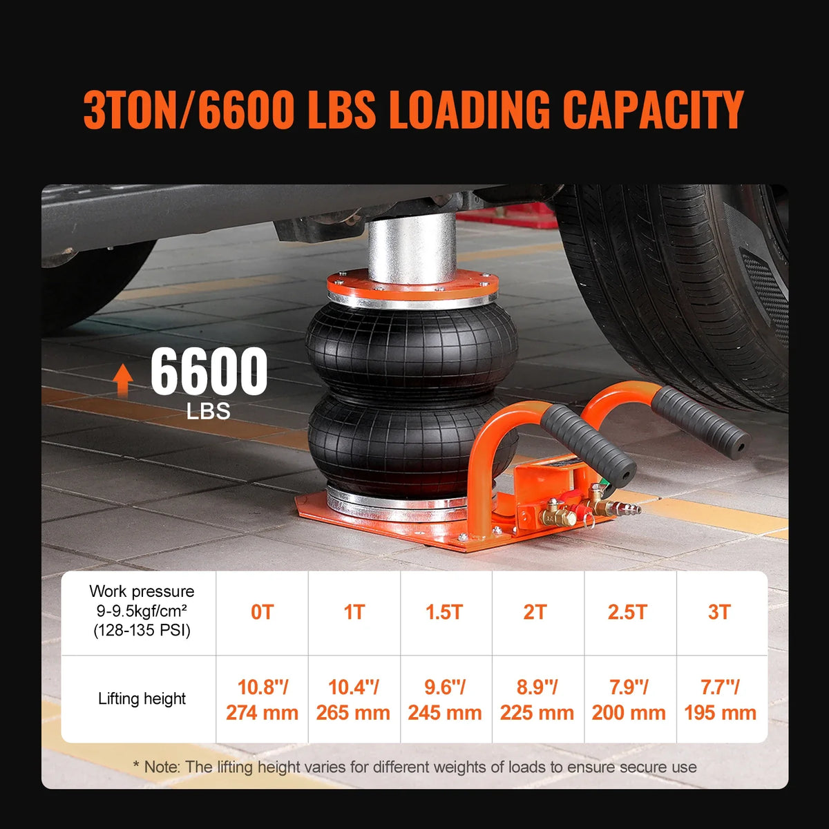 Air Jack, 3 Ton/6600 lbs 3-8S Pneumatic Lifting Jack with Heightened Column & 6 Steel Tubes for Sedan, SUV, Pickup Truck