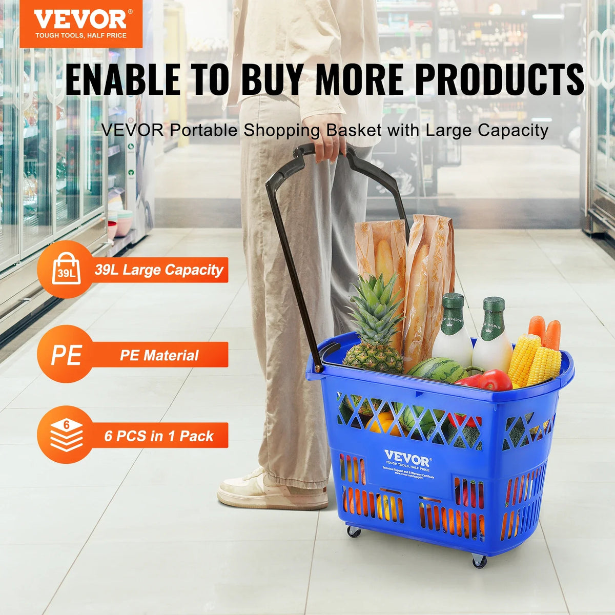 6PCS 39L Shopping Carts with Handles Plastic Rolling Shopping Basket with Wheels for Supermarkets Retail Stores Grocery