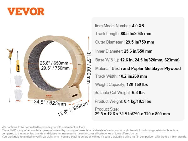 Cat Exercise Wheel Natural Wood Silent Running Toy Treadmill Roller Wheel with Detachable Carpet for Most Cats Pet Fitness