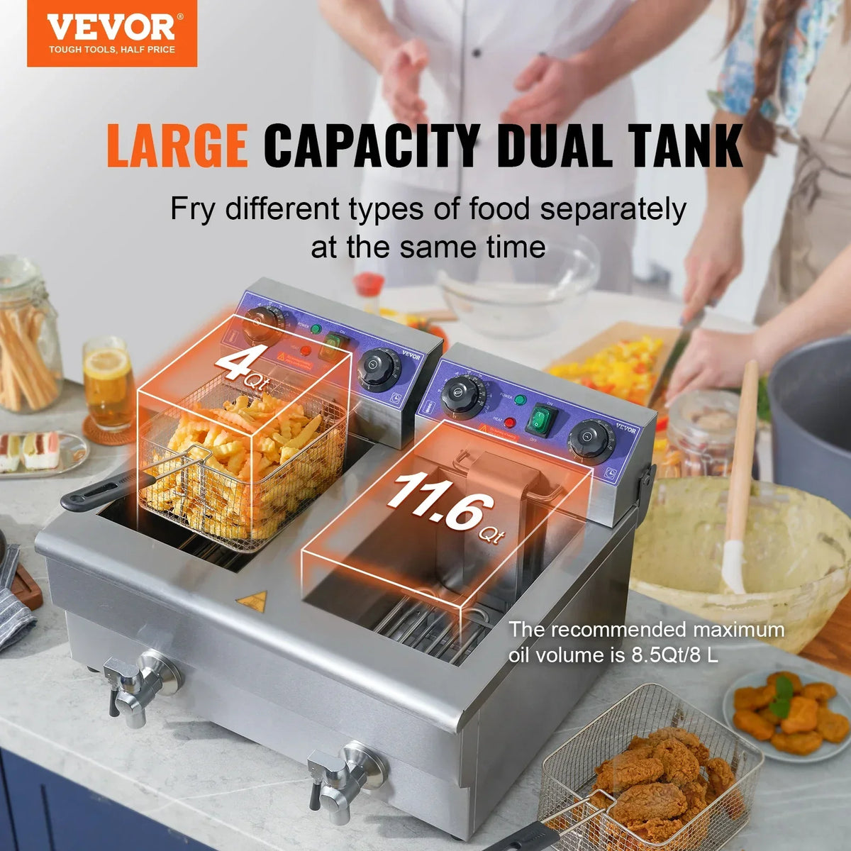 Commercial Electric Deep Fryer w/Dual Tanks 12L Countertop Fryer w/Oil Filter and Timed for Fried Chicken French Frie